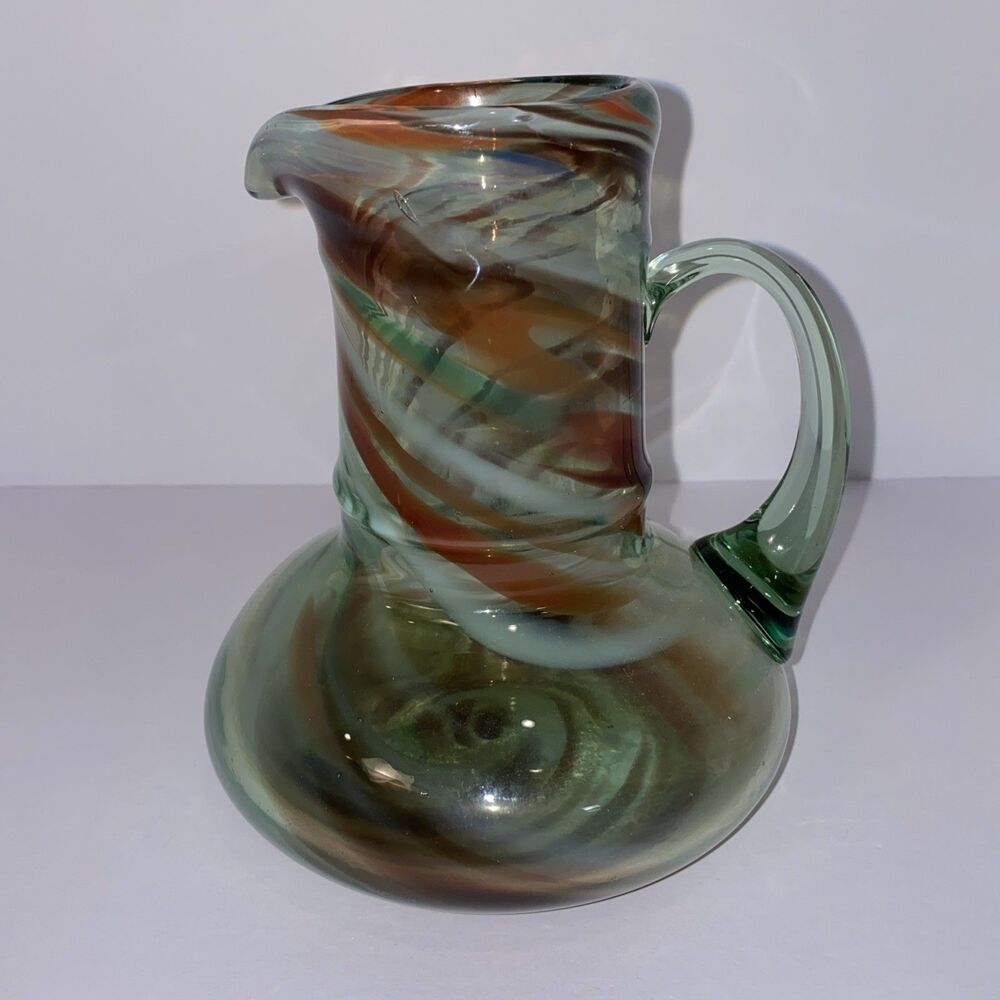 Hand Blown Art Glass Pitcher Green Amber Swirl Applied Handle 6" Artisan